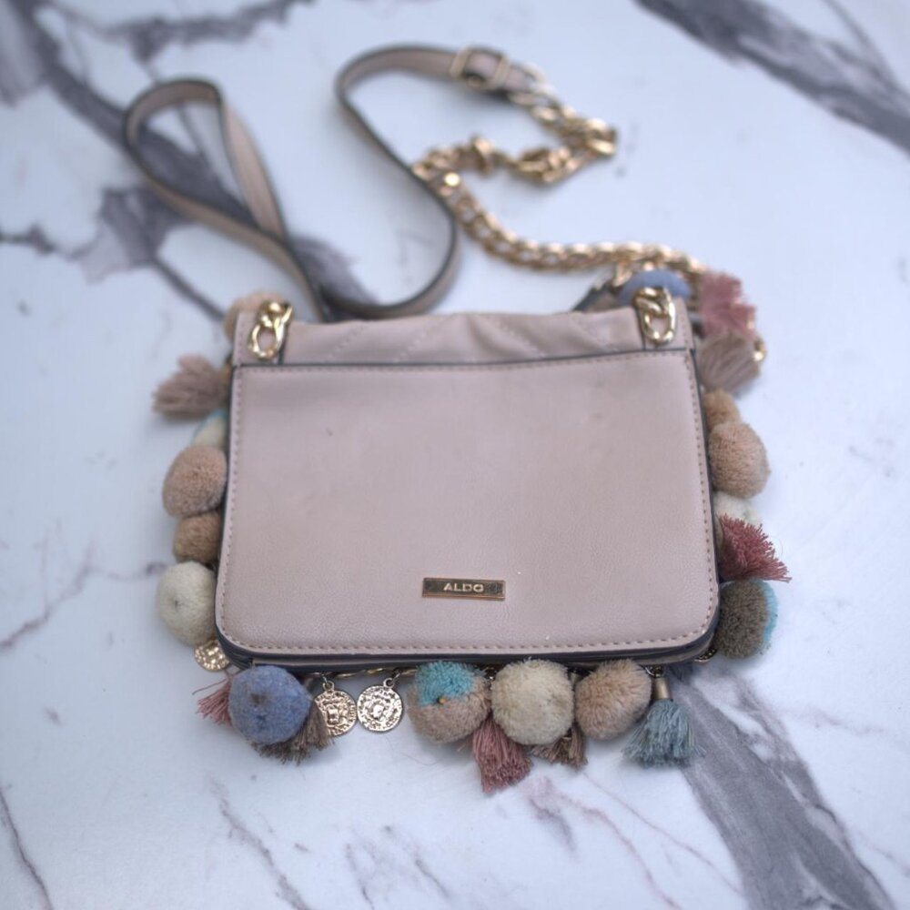 Aldo Beige Pom-Pom Crossbody Purse
